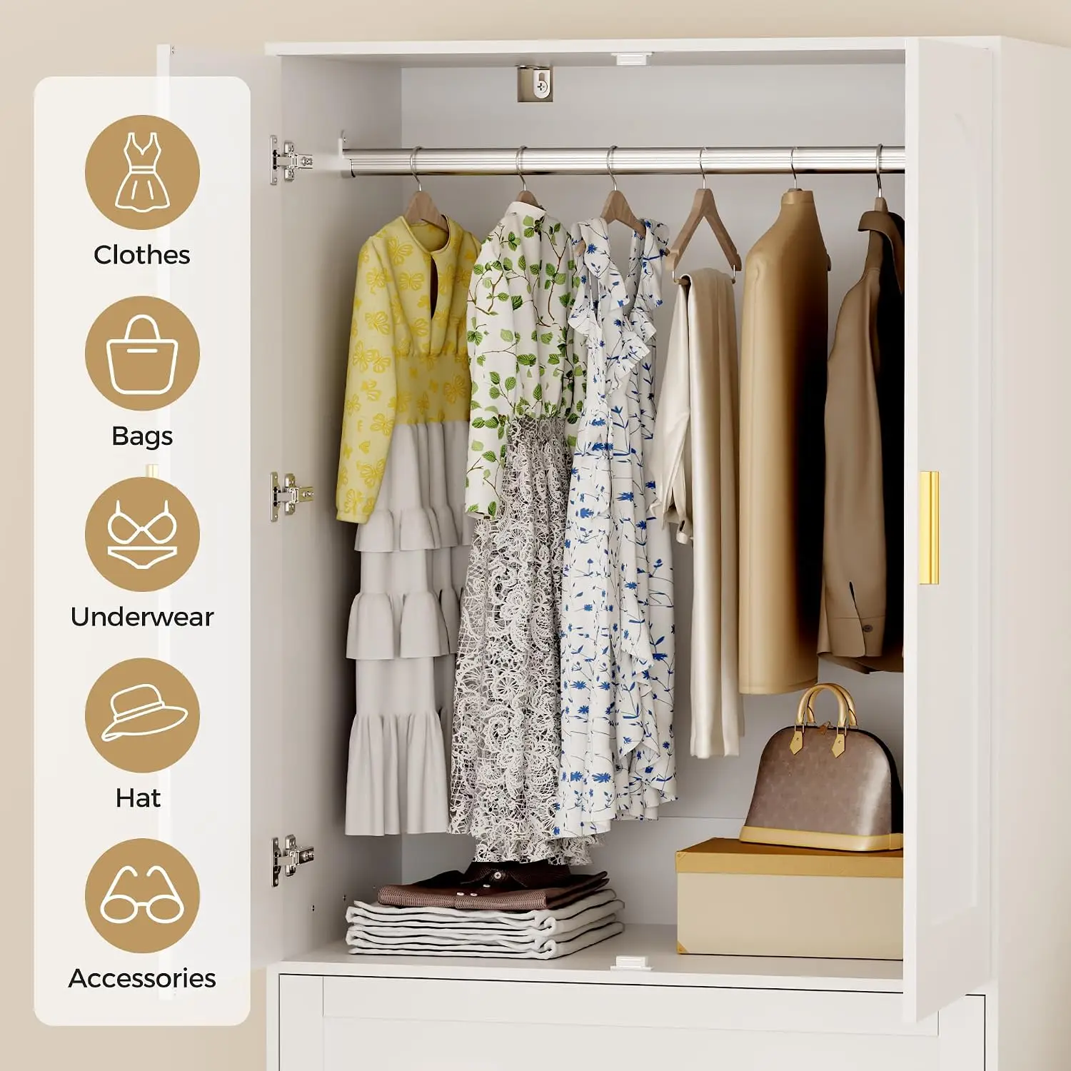 Wardrobe with Drawers, 2-Door Wardrobe Closet with 3 Drawers and Hanging Rod, Modern Bedroom Armoire, 70.8-Inch Tall - Image 5