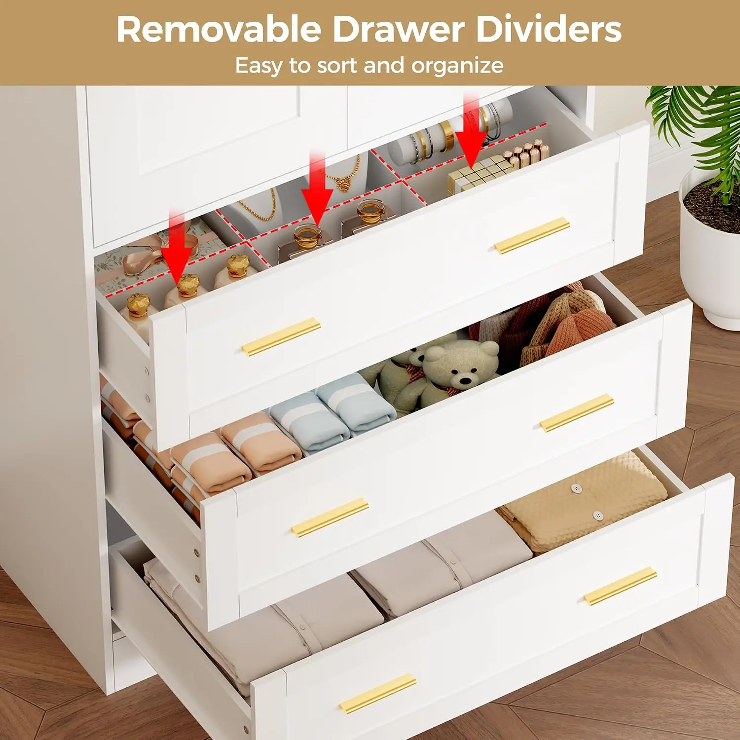Wardrobe with Drawers, 2-Door Wardrobe Closet with 3 Drawers and Hanging Rod, Modern Bedroom Armoire, 70.8-Inch Tall - Image 6