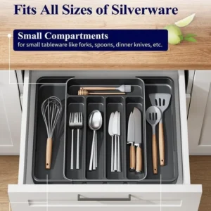 Adjustable plastic drawer organizer tray for kitchen utensils and office supplies