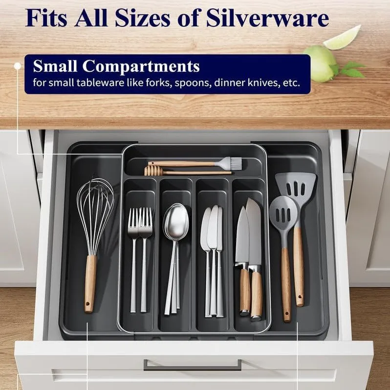 Adjustable plastic drawer organizer tray for kitchen utensils and office supplies
