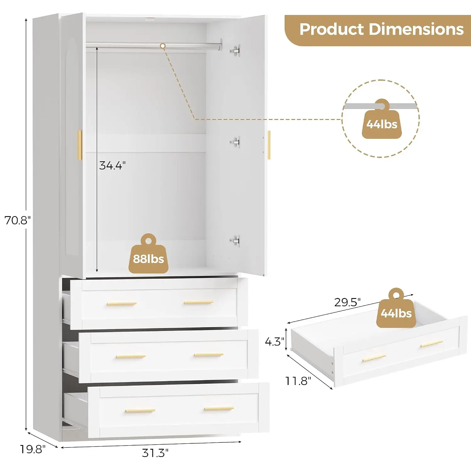 Wardrobe with Drawers, 2-Door Wardrobe Closet with 3 Drawers and Hanging Rod, Modern Bedroom Armoire, 70.8-Inch Tall - Image 3