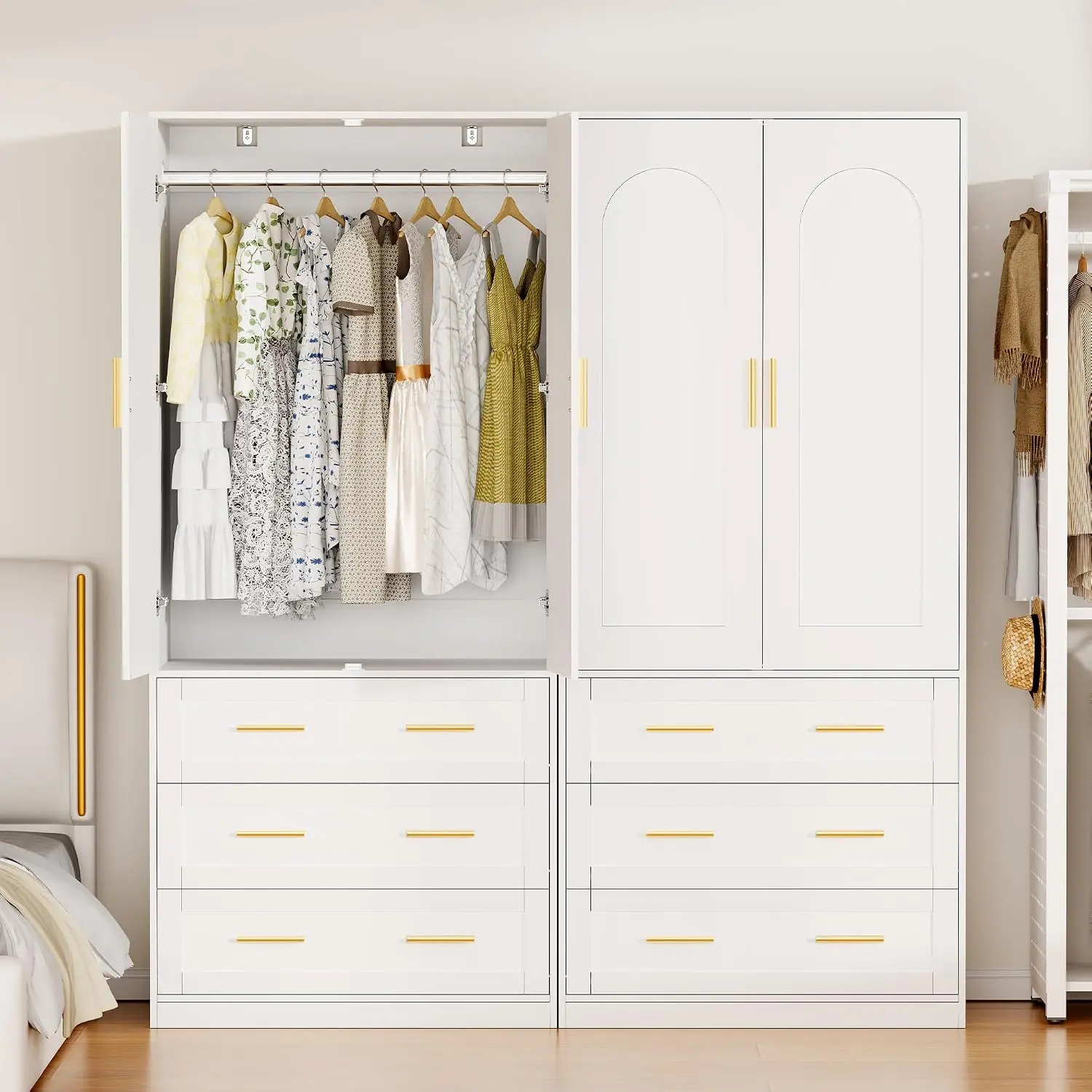 Wardrobe with Drawers, 2-Door Wardrobe Closet with 3 Drawers and Hanging Rod, Modern Bedroom Armoire, 70.8-Inch Tall - Image 4