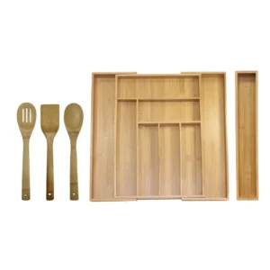 Expandable bamboo utensil organizer set in a kitchen drawer