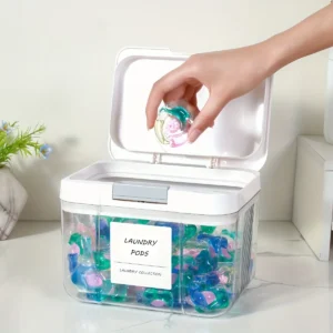Laundry detergent pod storage container with lid