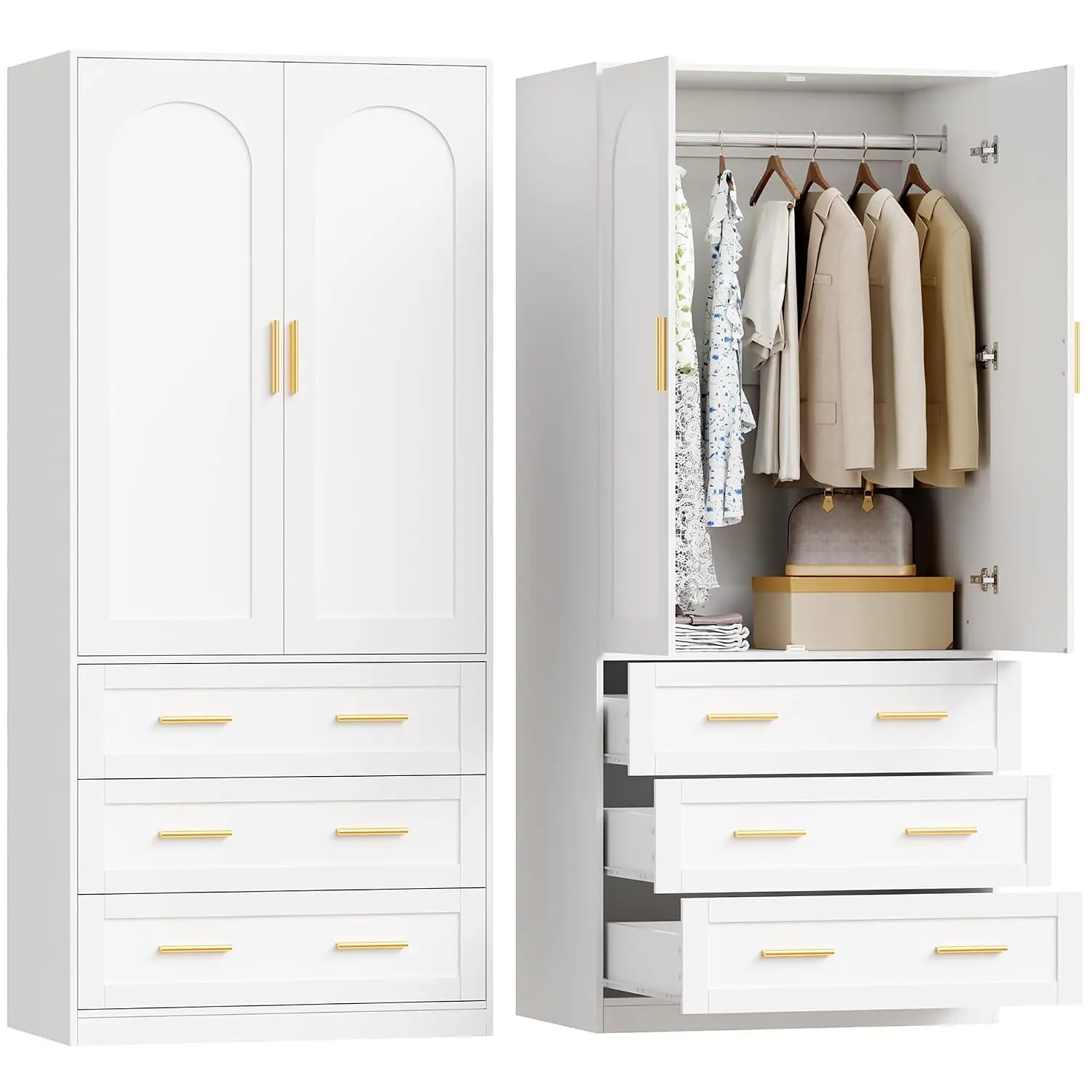 Wardrobe with Drawers, 2-Door Wardrobe Closet with 3 Drawers and Hanging Rod, Modern Bedroom Armoire, 70.8-Inch Tall
