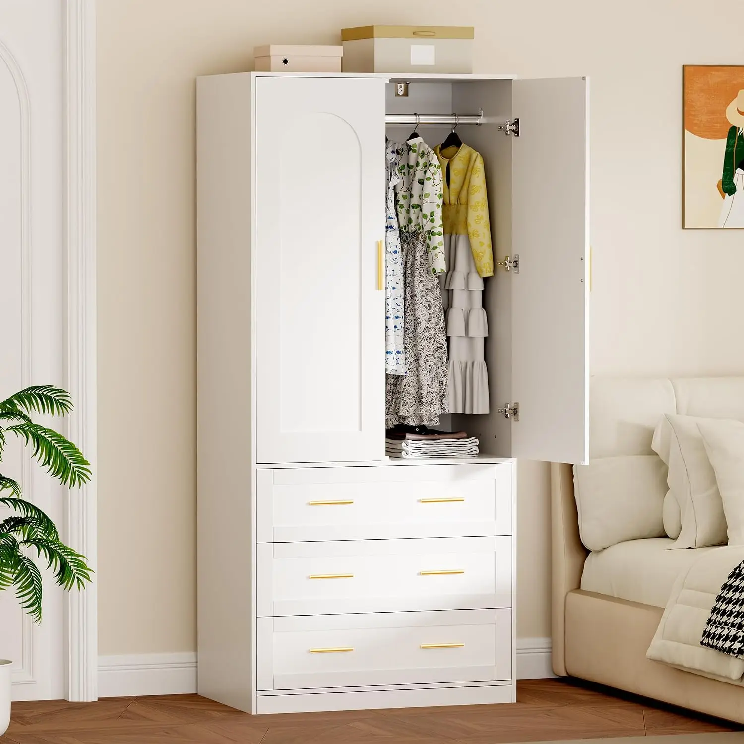 Wardrobe with Drawers, 2-Door Wardrobe Closet with 3 Drawers and Hanging Rod, Modern Bedroom Armoire, 70.8-Inch Tall - Image 2