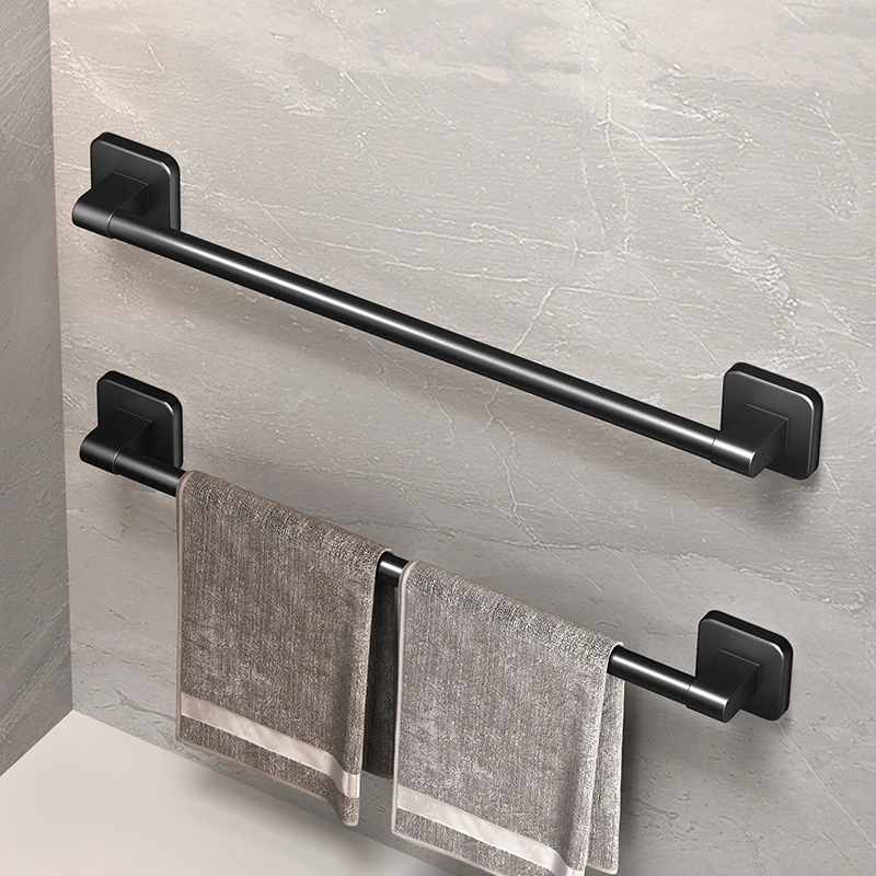 Self-adhesive aluminum bathroom towel bar in black finish